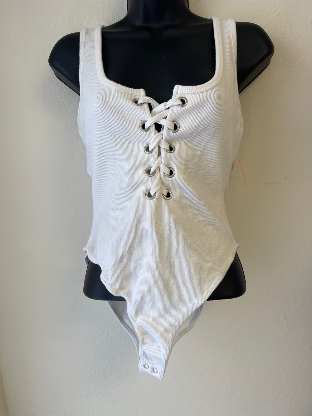Forever 21 White Ribbed Lace-Up Tank Bodysuit